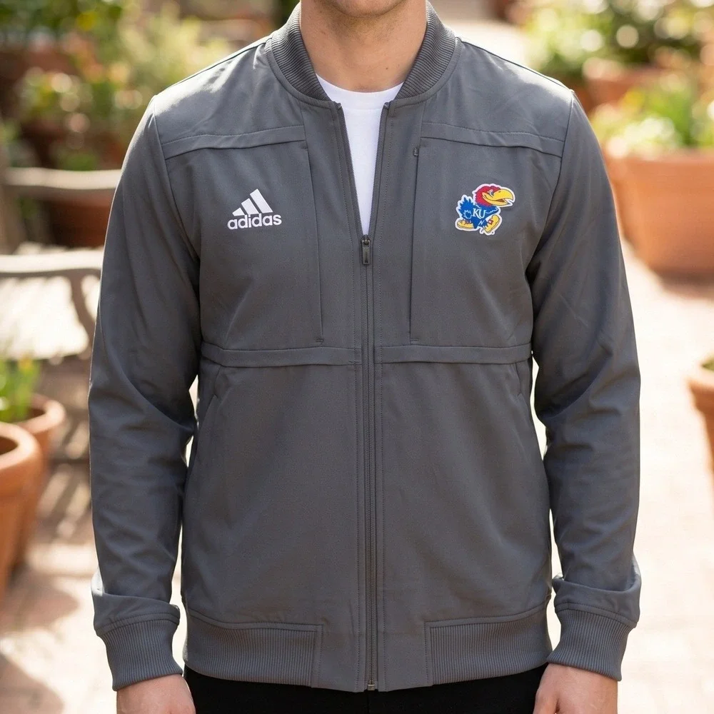 Adidas Kansas Jayhawks Grey Full‎ Zip Bomber Jacket KU Collegiate MT